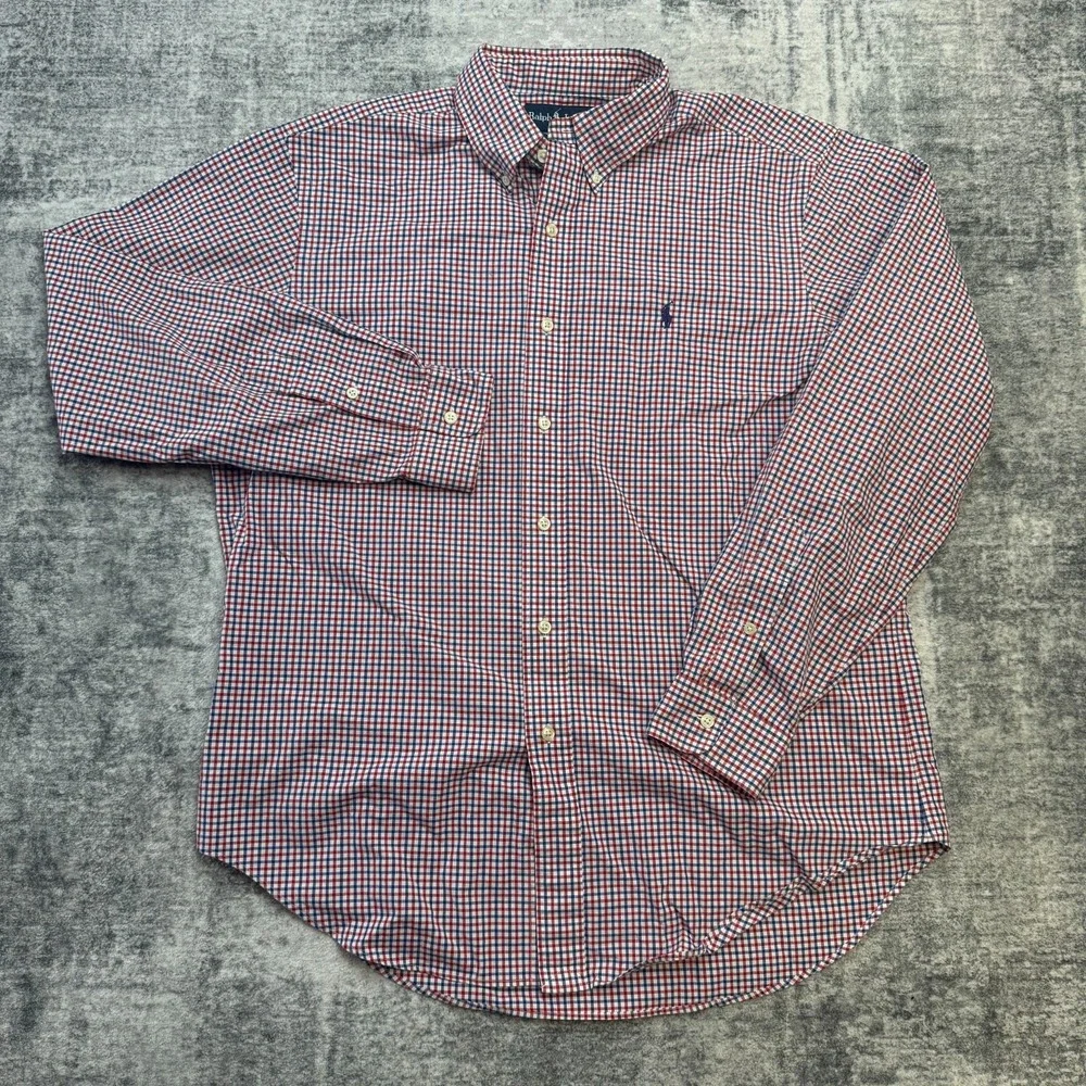 VTG Polo Ralph Lauren Shirt Mens Large Red White Blue Check Cotton Poplin Preppy